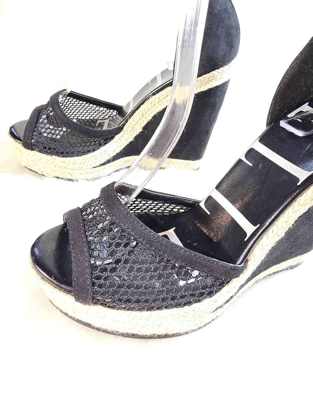 Elle Gabrielle Womens Black Wedge Espadrille Sandals with Ankle Strap - Picture 4 of 10